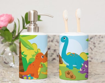 Dinosaurs Toothbrush Holder and Soap Dispenser Set, Kids Brothers Bathroom Decor S145