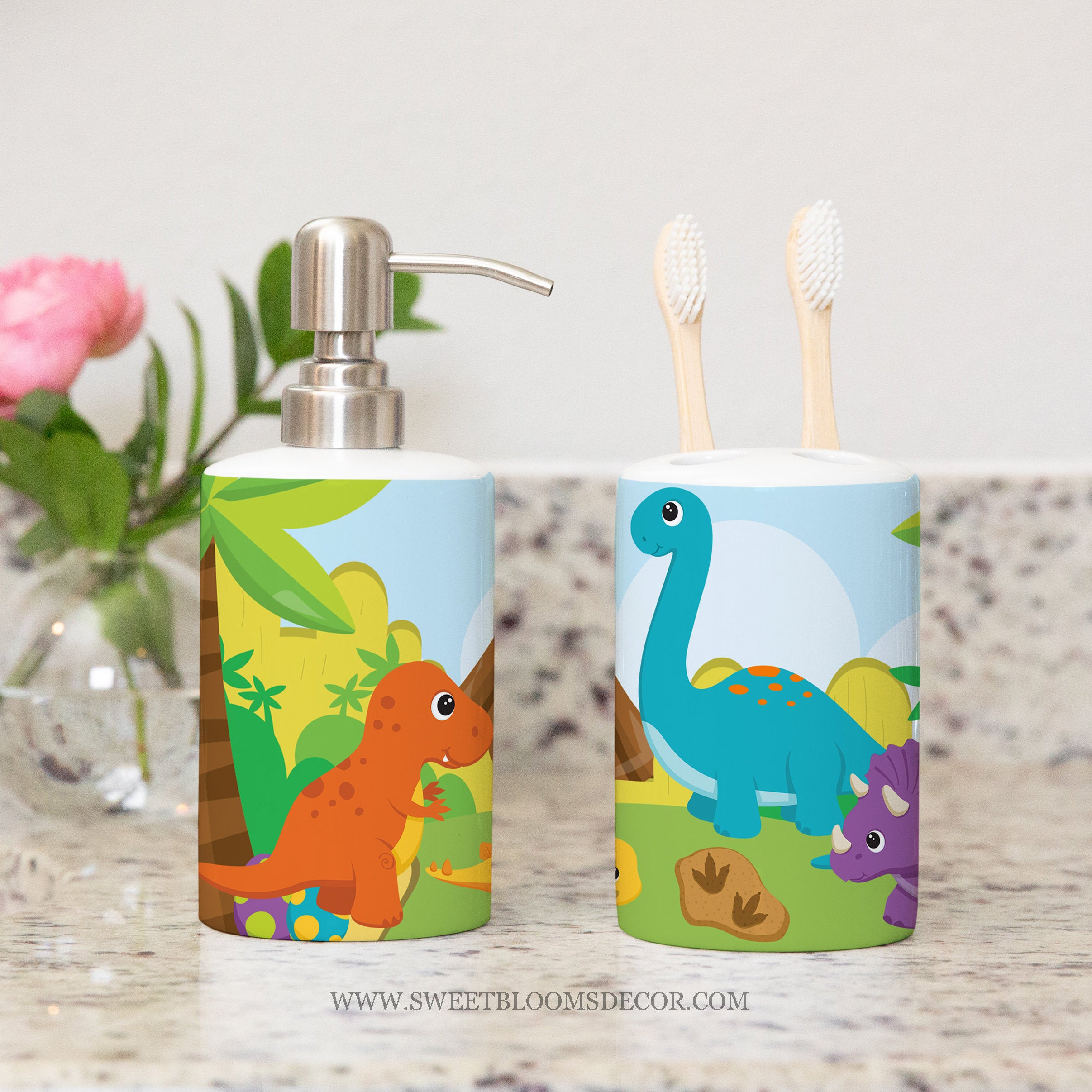 Dinosaurs Toothbrush Holder and Soap Dispenser Set Kids Etsy