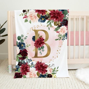 Floral Baby Blanket, Burgundy Red Blush Pink Gold Navy Roses Watercolor Flowers Personalized Blanket Baby Shower Gift Nursery Bedding B1559