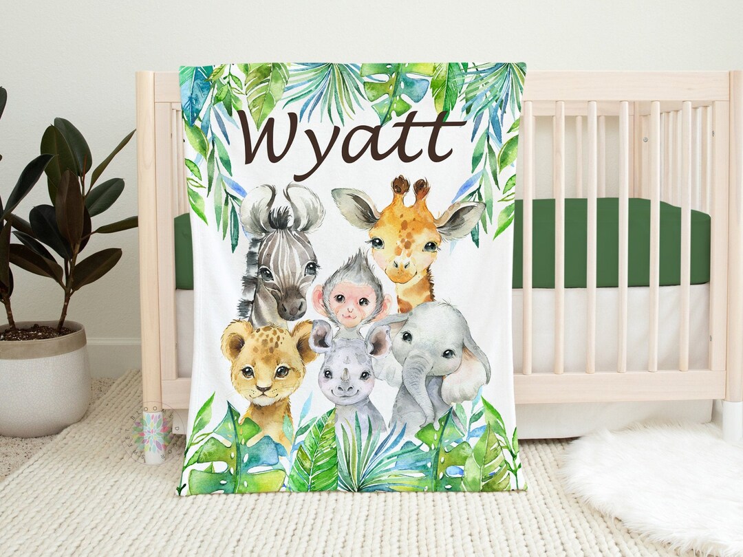 Safari Jungle Animals Baby Boy Blanket, Tropical Leaves Greenery Name ...
