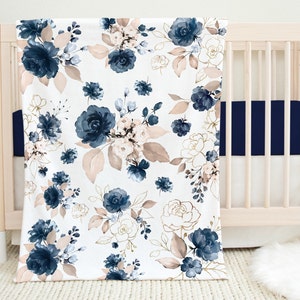 Floral Baby Girl Blanket, Watercolor Navy Blue Pink Rose Gold Leaves Flowers Nursery  Baby Shower Gift  103
