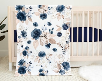 Floral Baby Girl Blanket, Navy Blue Blush Pink Watercolor Flowers ...