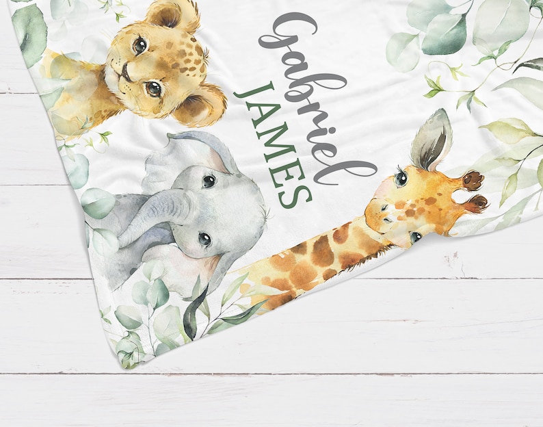 Safari Animals Baby Blanket, Jungle Greenery Personalized Boy Girl Name ...
