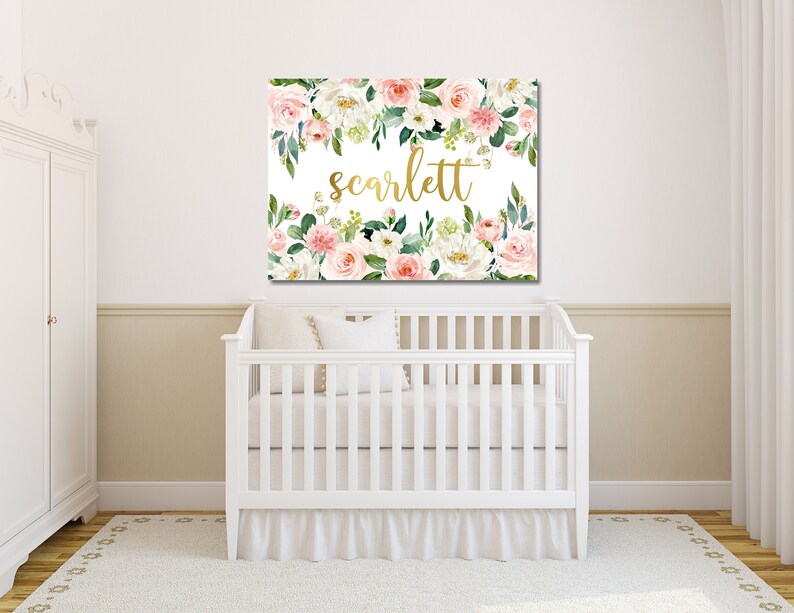 Floral Girl Nursery Name Sign Wall Art Blush Pink Gold Coral Flowers ...
