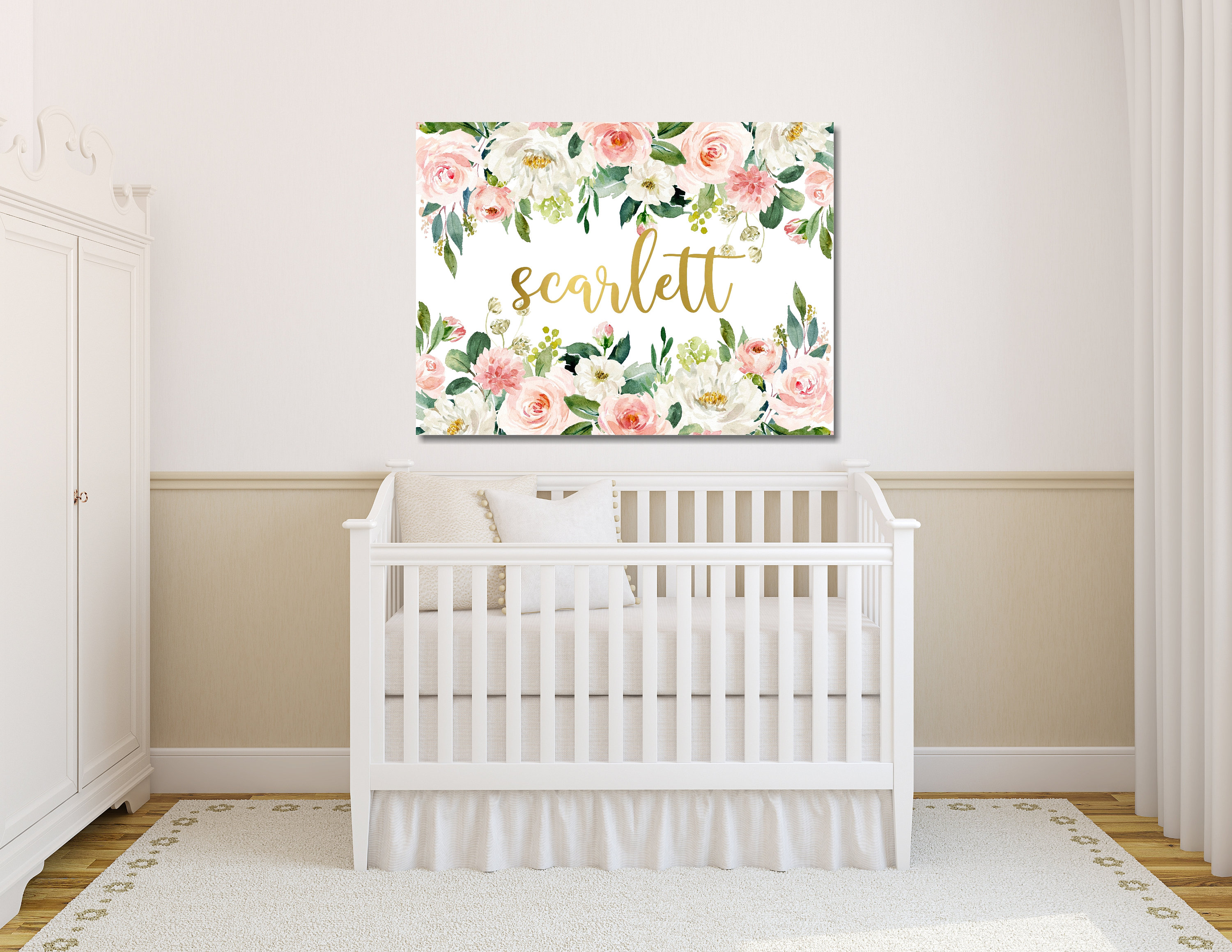 Floral Girl Nursery Name Sign Wall Art Blush Pink Gold Coral Flowers ...