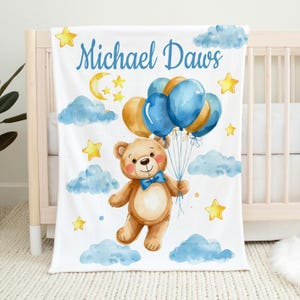 Bear Balloons Baby Blanket, Personalized Moon Stars Teddy Bear Boy Blanket, Teddy Bear Nursery Bedding, Baby Shower Gift
