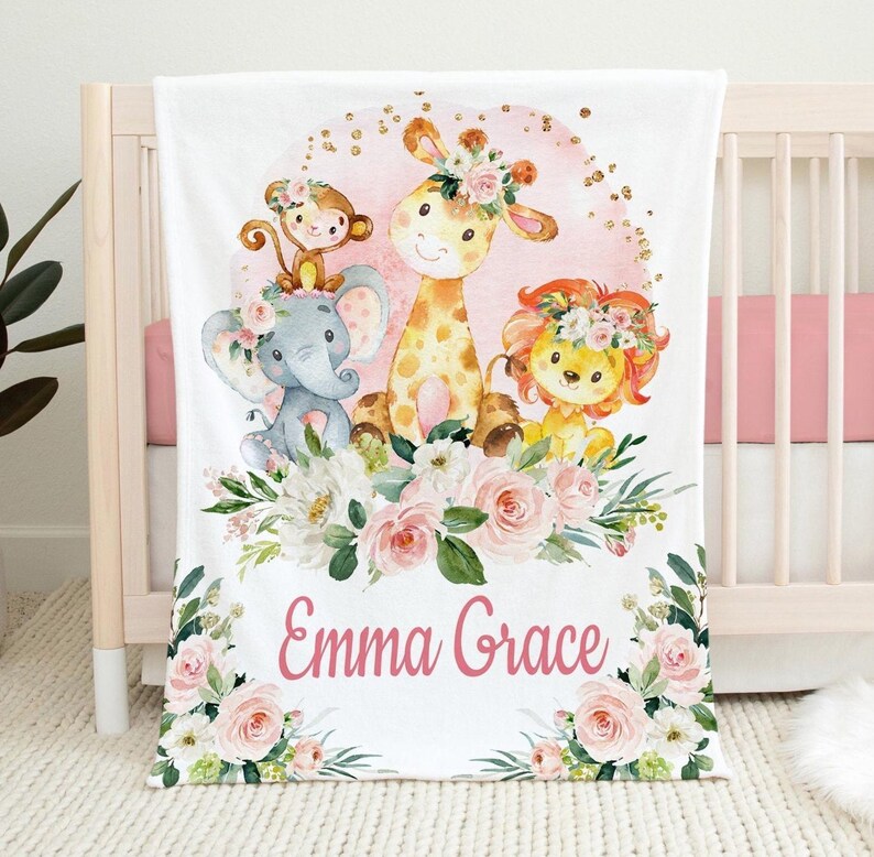 Personalized Safari Animals Baby Girl Blanket – Floral Jungle Nursery ...
