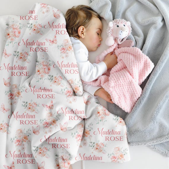 Floral Baby Blanket, Pink Rose Baby Girl Blanket, Personalized