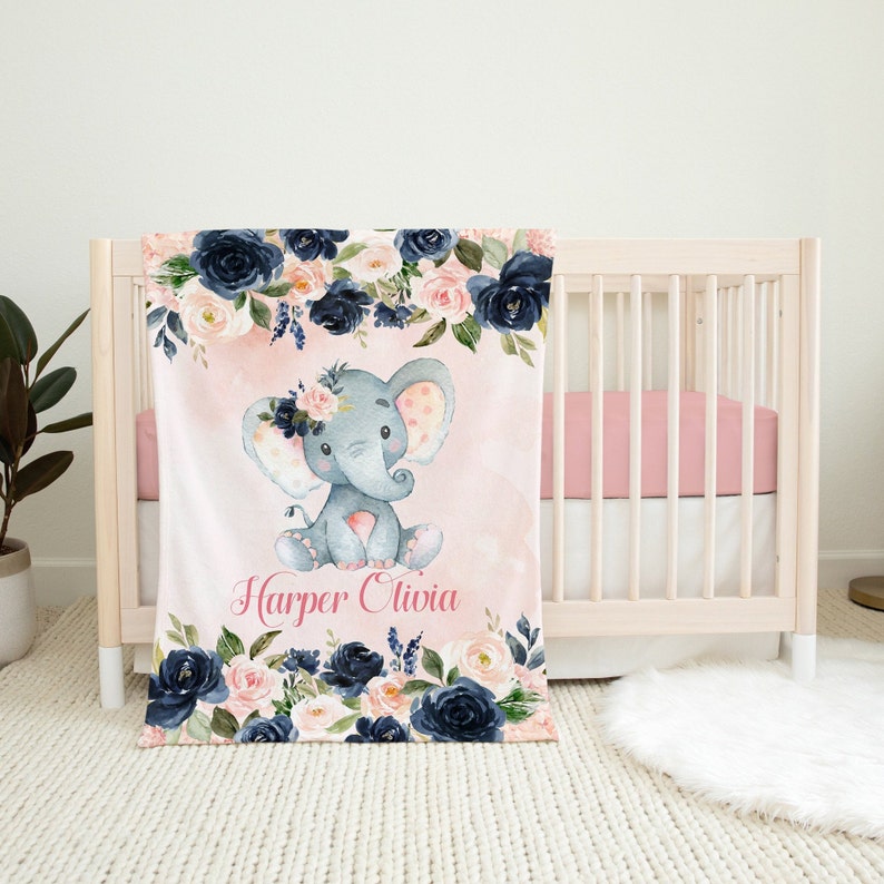Personalized Elephants Baby Girl Blanket Navy Blue Coral Pink Etsy