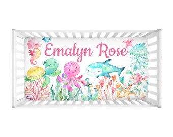 Sea Animals Animals Fitted Sheet Under the Sea Watercolor Turtle Octopus Turtle Jelly Fish Baby Shower Gift Nursery C171