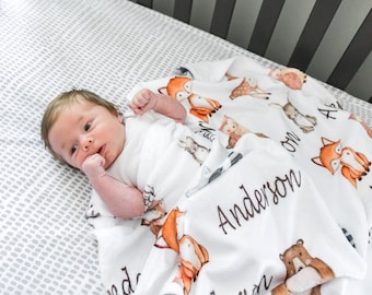 Woodland Baby Blanket Personalized Boy Name Blanket Woodland Animals Baby Shower Gift Nursery rib Bedding Fox Bear Owl Raccoon  B1026