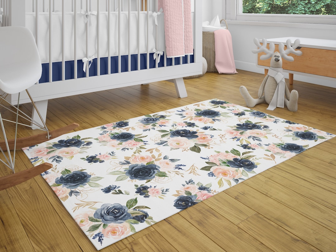Floral Rug Navy Blush Pink Gold Nursery Rug, Watercolor Flowers Roses, Baby Girl Nursery Area