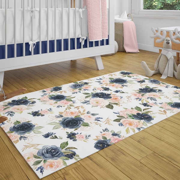 Floral Rug Navy Blush Pink Gold Nursery Rug, Watercolor Flowers Roses, Baby Girl Nursery Area Rug Carpet Nursery Decor Kids Bedroom Carpet