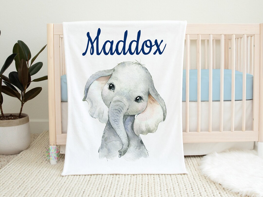 Personalized Elephant Baby Blanket, Baby Name Blanket Blue Gray Baby Shower Gift Birthday Gift