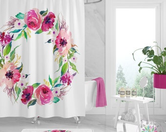 Floral Shower Curtain Blush Pink Magenta Flowers Wreath Bathroom Decor Watercolor Floral Girl Bathroom Bathroom Decor Modern Guest Bath S122