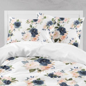 Kids Comforter Navy Blue Blush Pink Coral Flowers Bedding Set Bedroom Room Decor  Floral Bedding Set Pillow Shams Throw Pillow   105