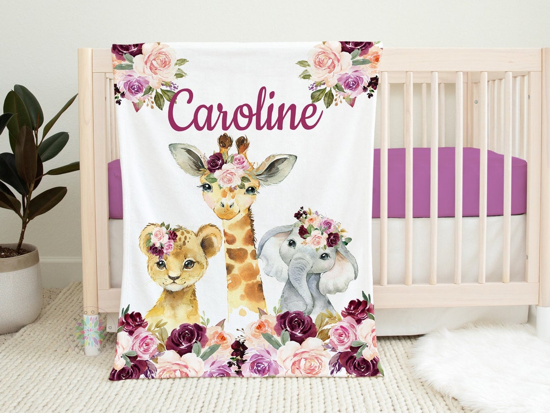 Safari Animals Floral Baby Girl Name Blanket, Blush Pink Burgundy Red ...