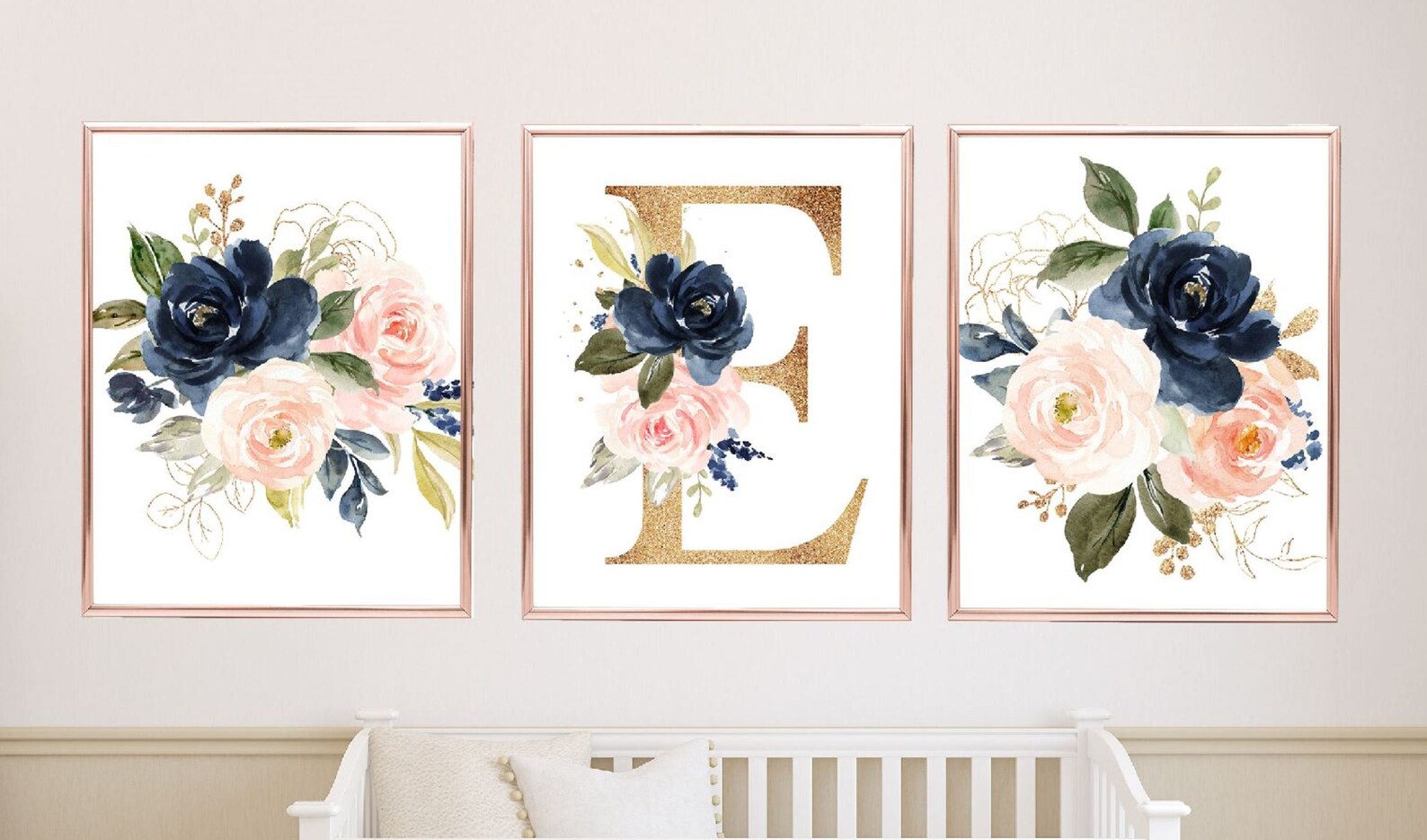 Blush Pink Navy Blue Watercolor Floral Nursery Decor Girl Baby Shower ...