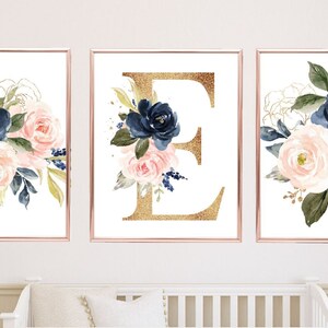 Blush Pink Navy Blue Watercolor Floral Nursery Decor Girl Baby Shower ...