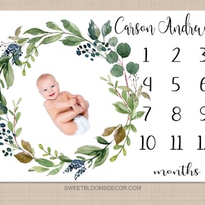Baby Milestone Blanket, Personalized Baby Blanket, Eucalyptus Greenery Leaves, Boy Girl Gender Neutral Growth Blanket, Baby Shower Gift 1477