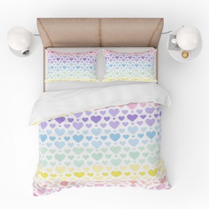 Rainbow Hearts Kids Comforter Set Pastel Hearts Pink Purple Teal Green Kids Bedding Set Pillow Shams Girl Name Bedding  103