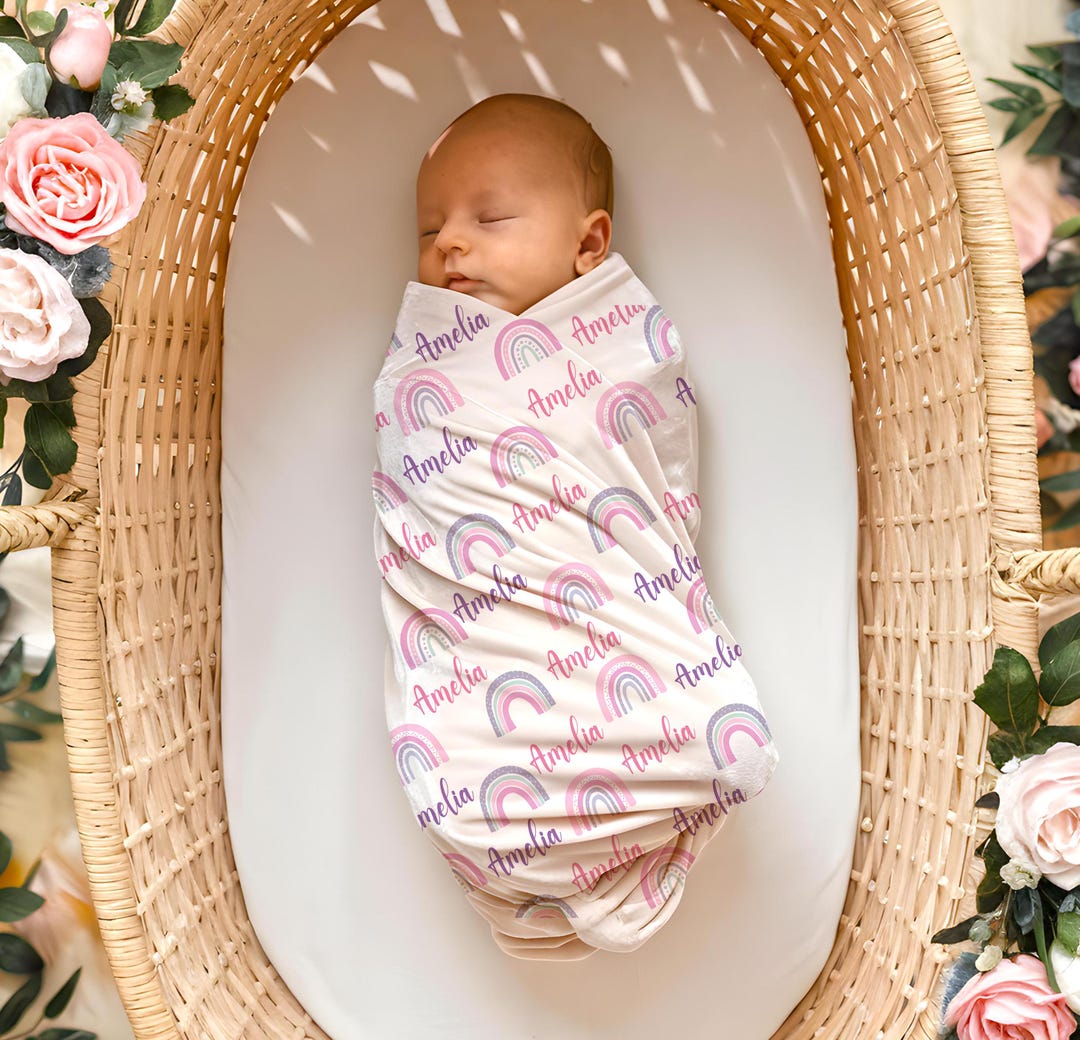 Rainbow Swaddle Blanket, Baby Girl Pink Purple Rainbows