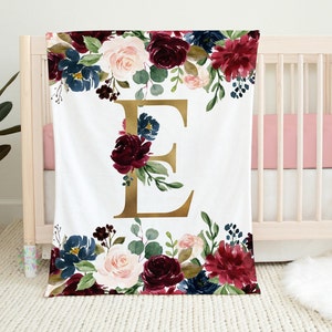 Red Floral Girl Blanket, Gold Letter Burgundy Red Blush Pink Gold Navy Watercolor Flowers Monogram Nursery Blanket Baby Shower Gift B1348