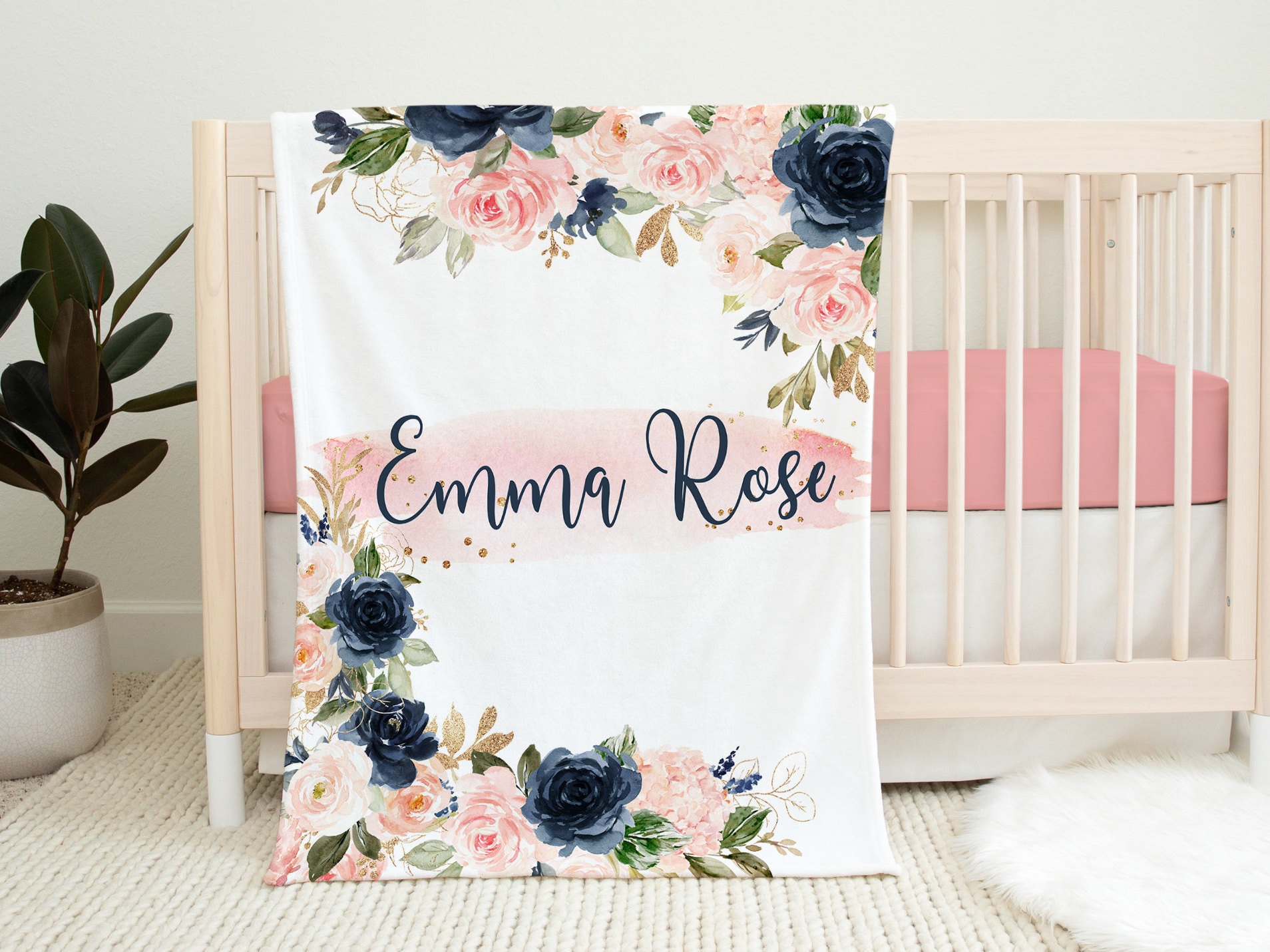 Personalized Baby Girl Blanket 30x40 - Custom Name Floral Navy Pink Blanket With Satin Trim