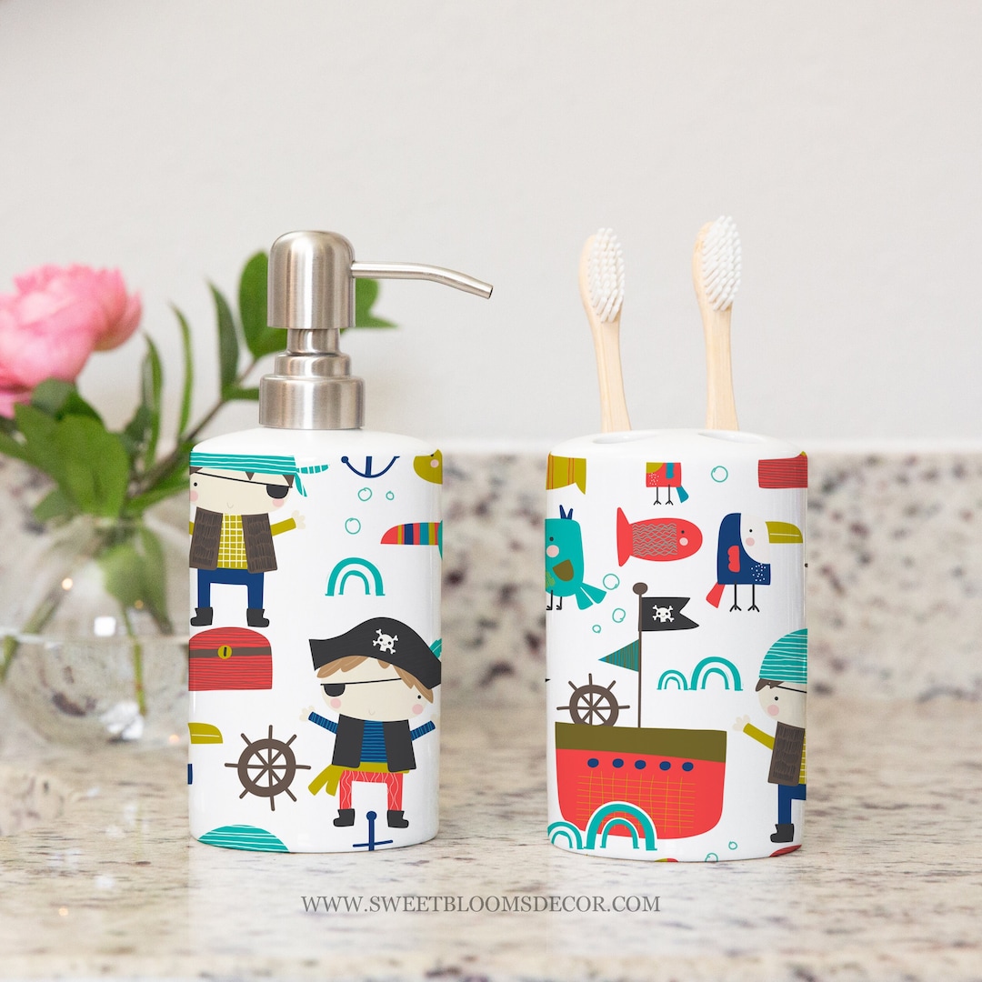 Pirates Toothbrush Holder and Soap Dispenser, Ceramic Bath Set Kids