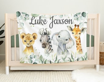 Safari Animals Blanket, Baby Boy Personalized Name Jungle Zoo Eucalyptus Green Leaves  Custom Newborn Baby Shower Gift Lion Elephant B1599
