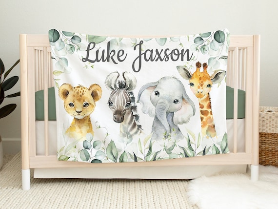 Safari Animals Blanket Baby Boy Personalized Name Jungle Zoo Eucalyptus Green Leaves Custom Newborn Baby Shower Gift Lion Elephant B1599 Etsy Canada