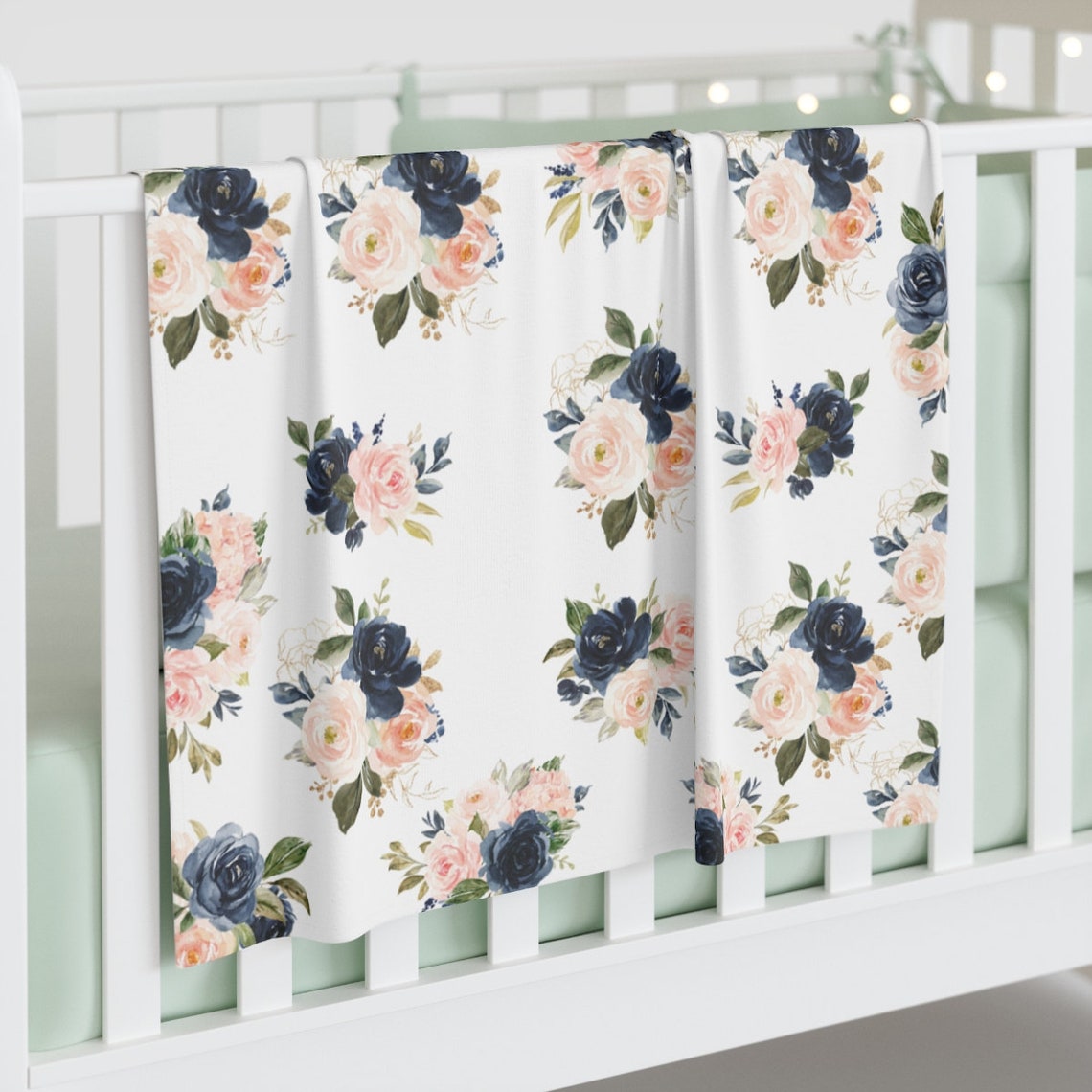 Floral Baby Girl Blanket, Blush Pink Navy Blue Watercolor Flowers ...