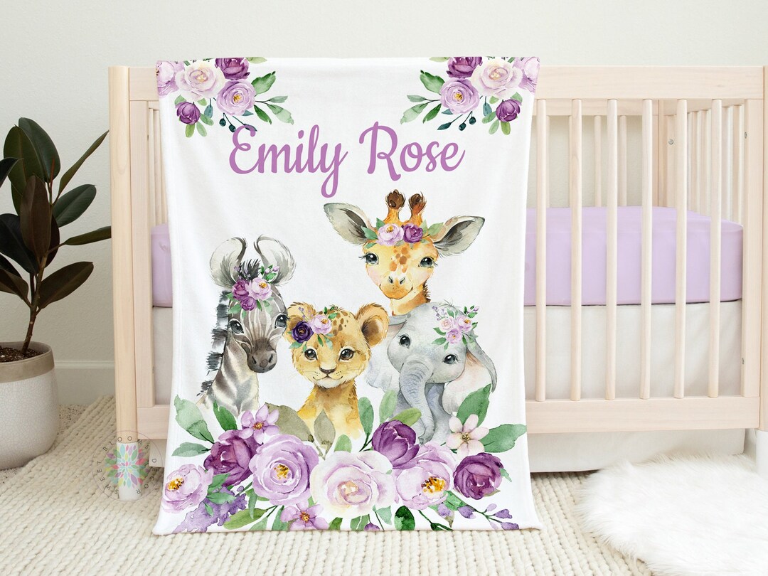Safari Animals Floral Baby Girl Name Blanket, Purple Lavender ...