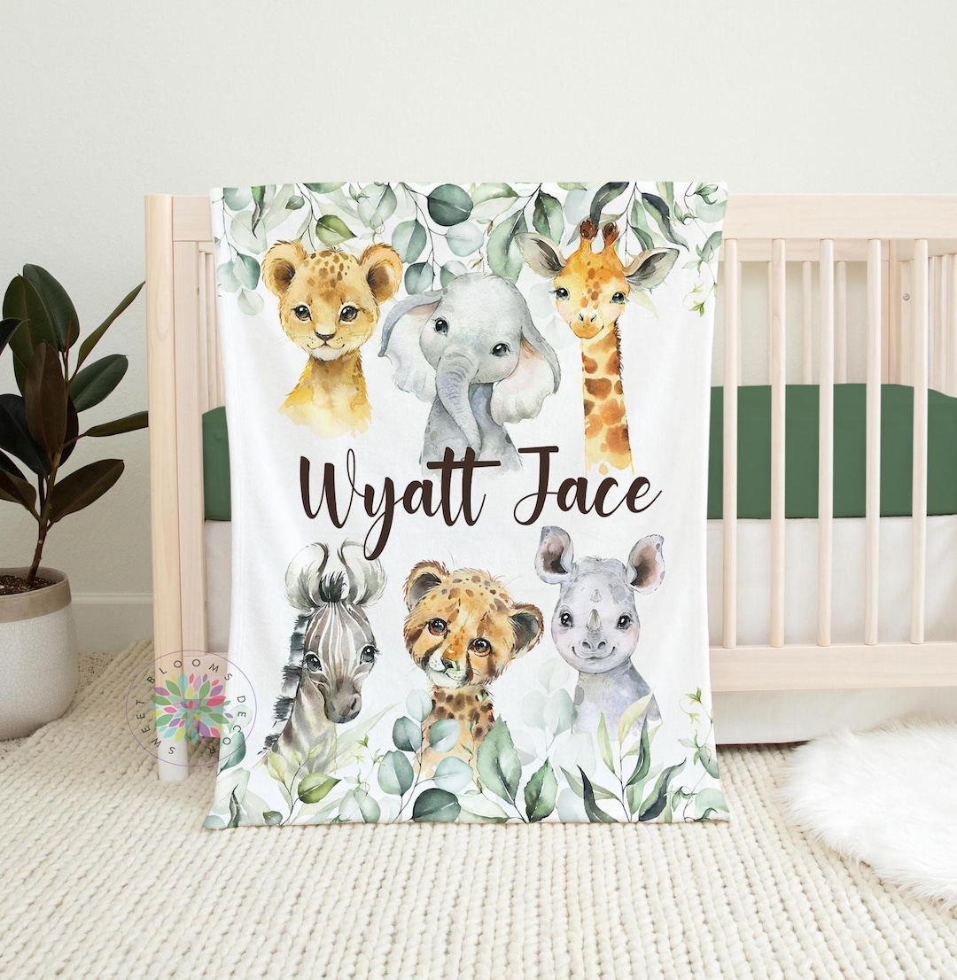 Safari Animals Baby Blanket, Jungle Greenery Personalized Boy Girl Name ...