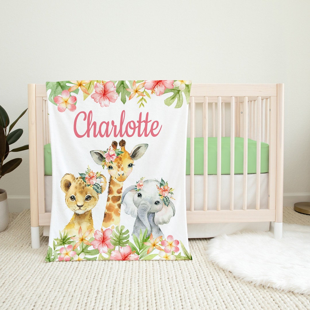 Safari Animals Floral Girl Name Blanket Tropical Flowers Leaves Name ...