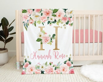 Blush Pink Floral Blanket, Pink Watercolor Flowers Rose Gold Name Blanket, Monogram Baby Girl Personalized Blanket, Baby Shower Gift  B1438