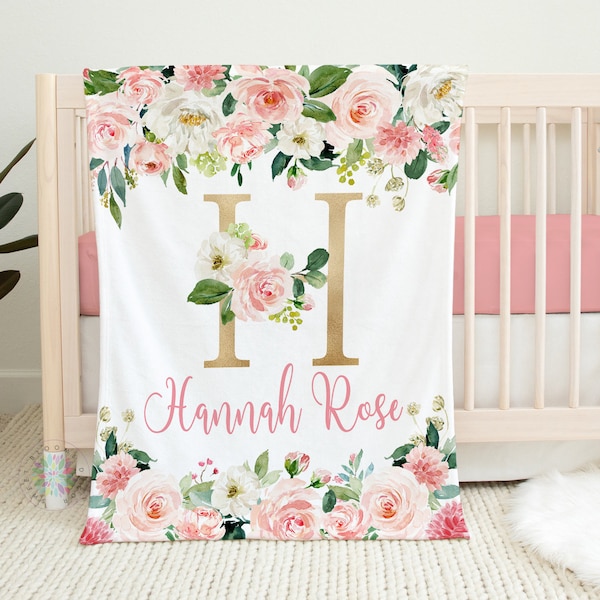 Blush Pink Floral Blanket, Pink Watercolor Flowers Rose Gold Name Blanket, Monogram Baby Girl Personalized Blanket, Baby Shower Gift  B1438