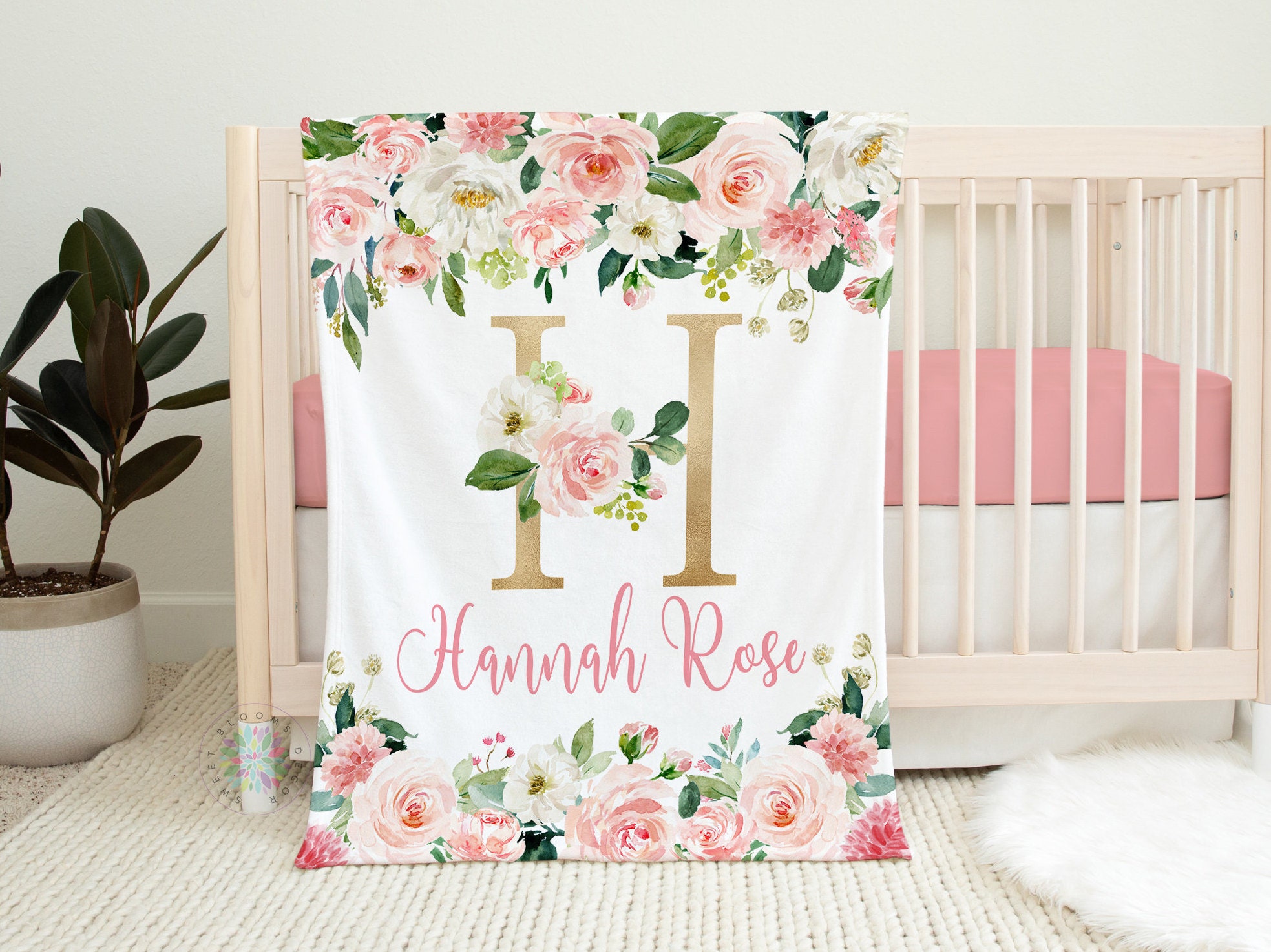 Blush Pink Watercolor Floral Baby Girl Nursery Bedding Set:fitted Sheet ...