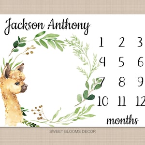 Llama Baby Boy Milestone Blanket Monthly Growth Tracker Newborn Green Leaves Name Baby Shower Gift B1021