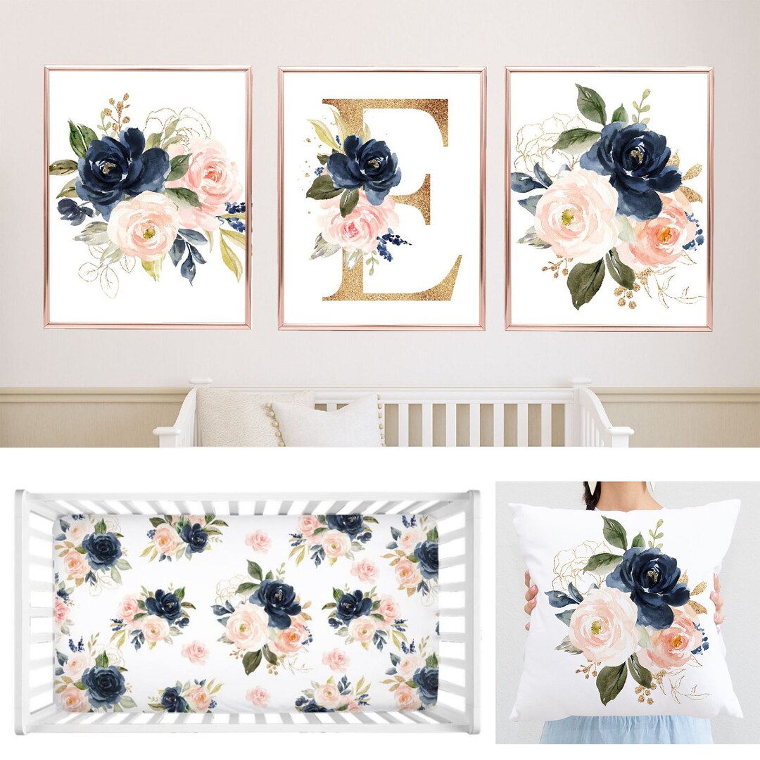 Blush Pink Navy Blue Watercolor Floral Nursery Decor Girl Baby Shower ...