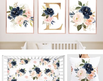 Blush Pink Navy Blue Watercolor Floral Nursery Decor Girl Baby Shower Gift Set :Fitted Sheet,16x16 Throw Pillow,3(11x14) Unframed Wall Art