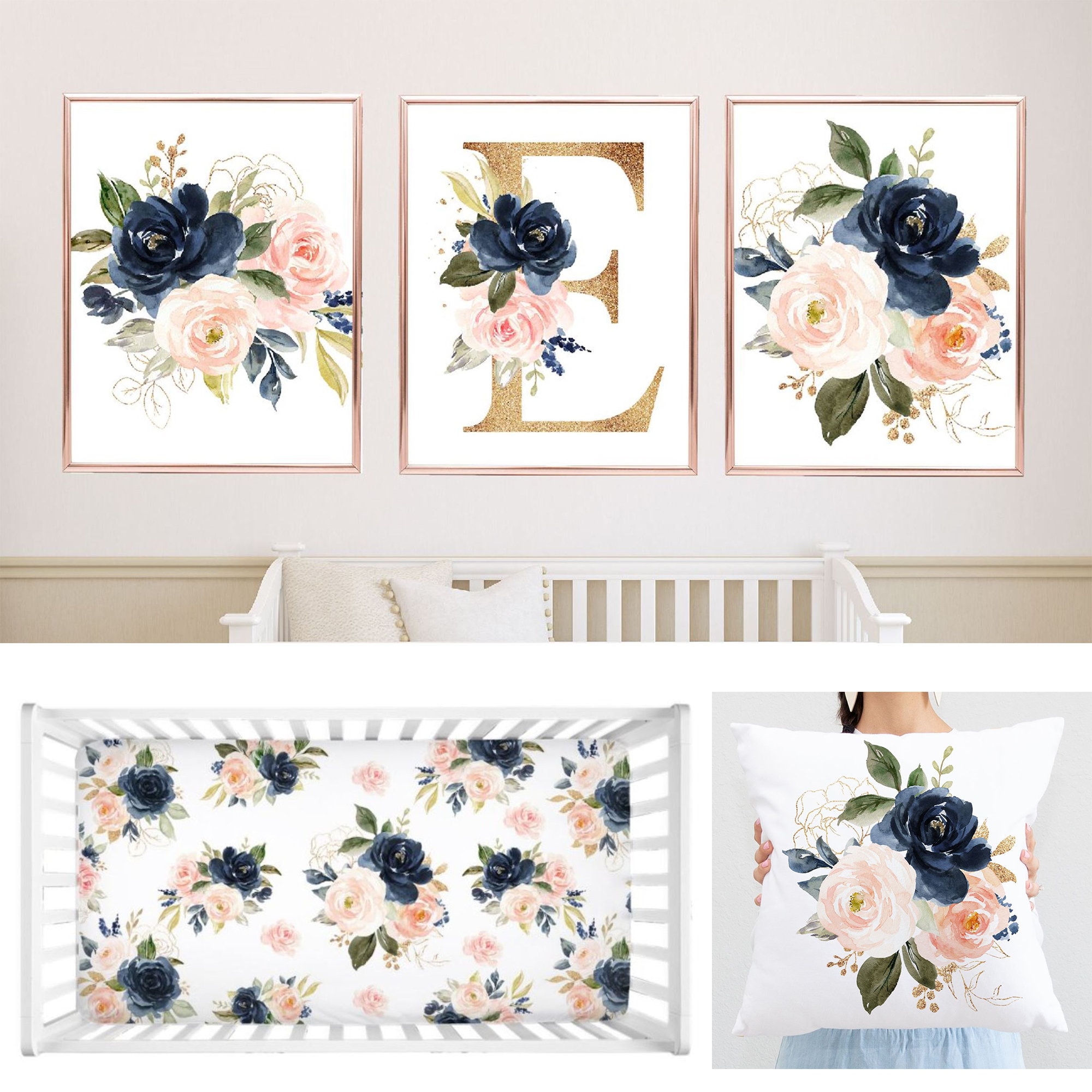 Blush Pink Navy Blue Watercolor Floral Nursery Decor Girl Baby Shower ...