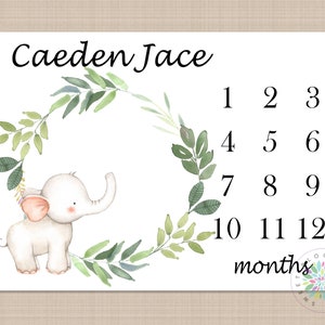 Elephant Milestone Blanket Baby Boy Girl Personalized Blanket Monthly Growth Tracker Safari Animals Newborn Photo Prop Baby Shower Gift 600