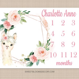 Llama Floral Milestone Blanket, Blush Pink Flowers Baby Llama Monthly Growth Tracker Newborn Baby Girl Name Baby Shower Gift B1304
