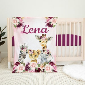 Safari Animals Floral Baby Girl Name Blanket Blush Pink Burgundy Red ...