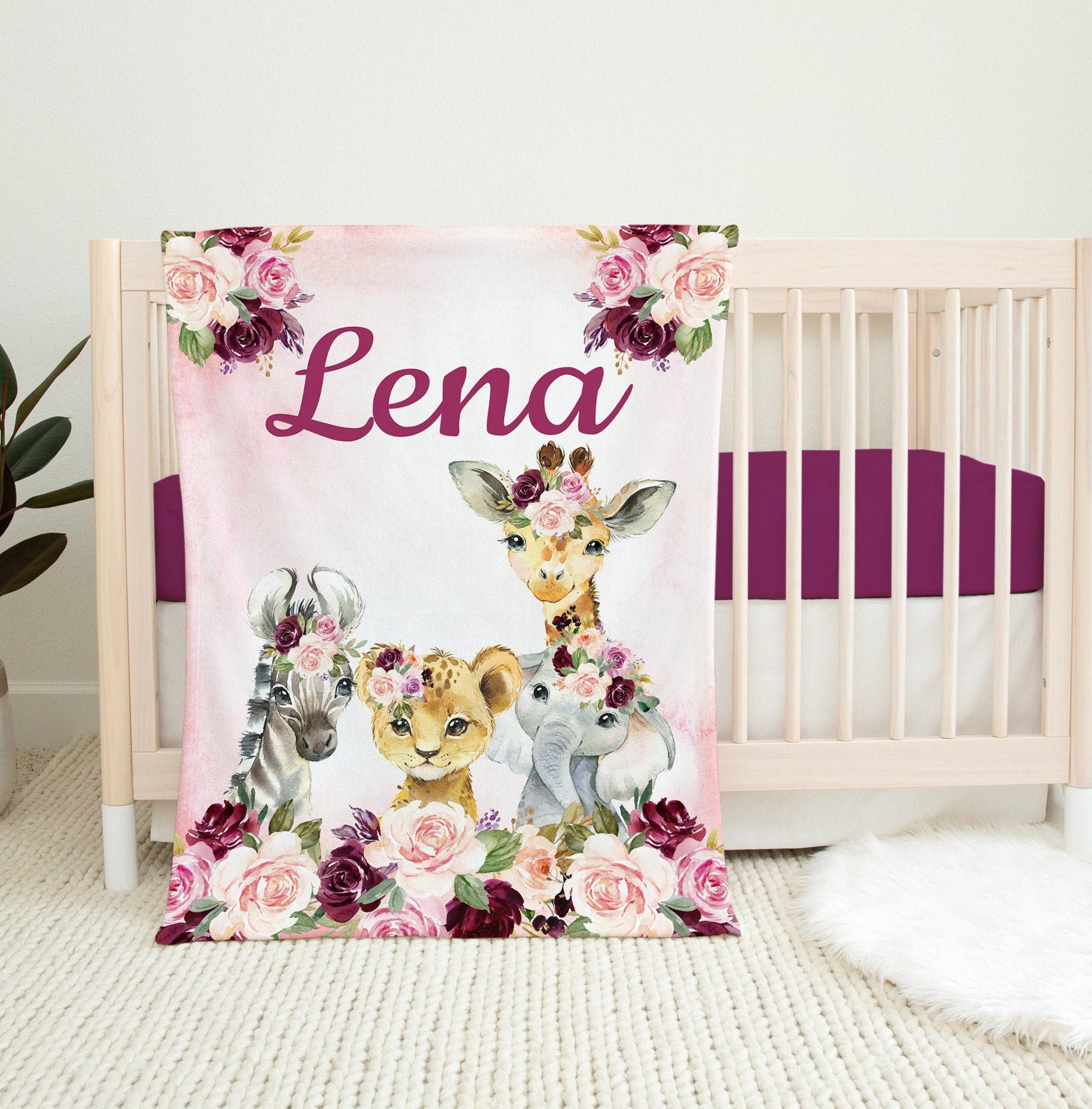 Safari Animals Floral Baby Girl Name Blanket Blush Pink Burgundy Red ...