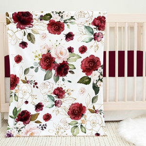 Floral Baby Girl Blanket, Red Blush Pink Maroon Burgundy Gold Green Leaves Watercolor Flowers Nursery  Baby Shower Gift 101