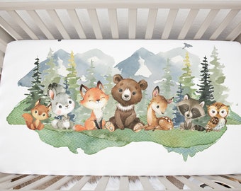 Woodland Animals Crib Sheet, Mountains Evergreens Pine Trees Forest Bear Deer Fox Owl Raccoon Baby Boy Nursery Bedding C202