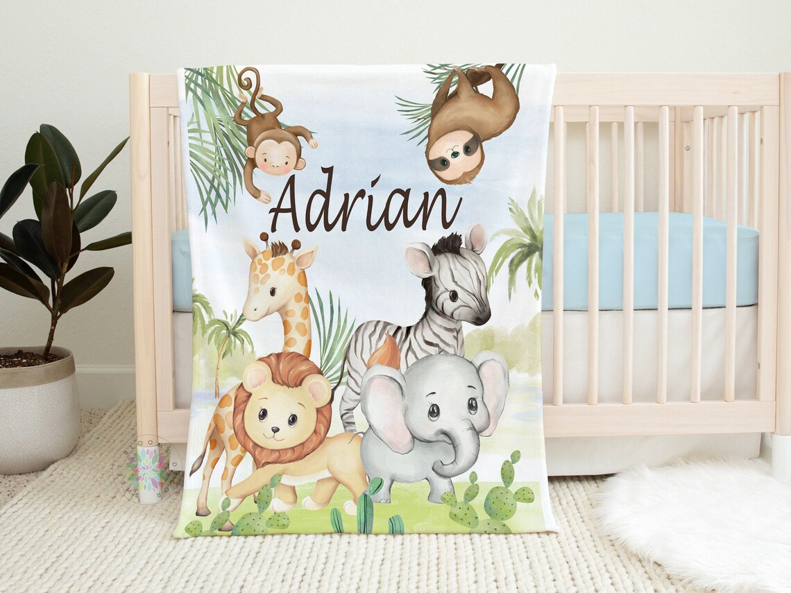 Safari Animals Baby Boy Name Blanket Jungle Greenery Leaves - Etsy