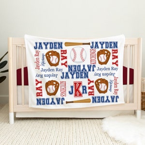 Baseball Baby Blanket, Personalized Baby Name Navy Blue Red Monogram Boy Kids Bedroom , Sports Blanket Nursery Bedding Baby Shower Gift 198